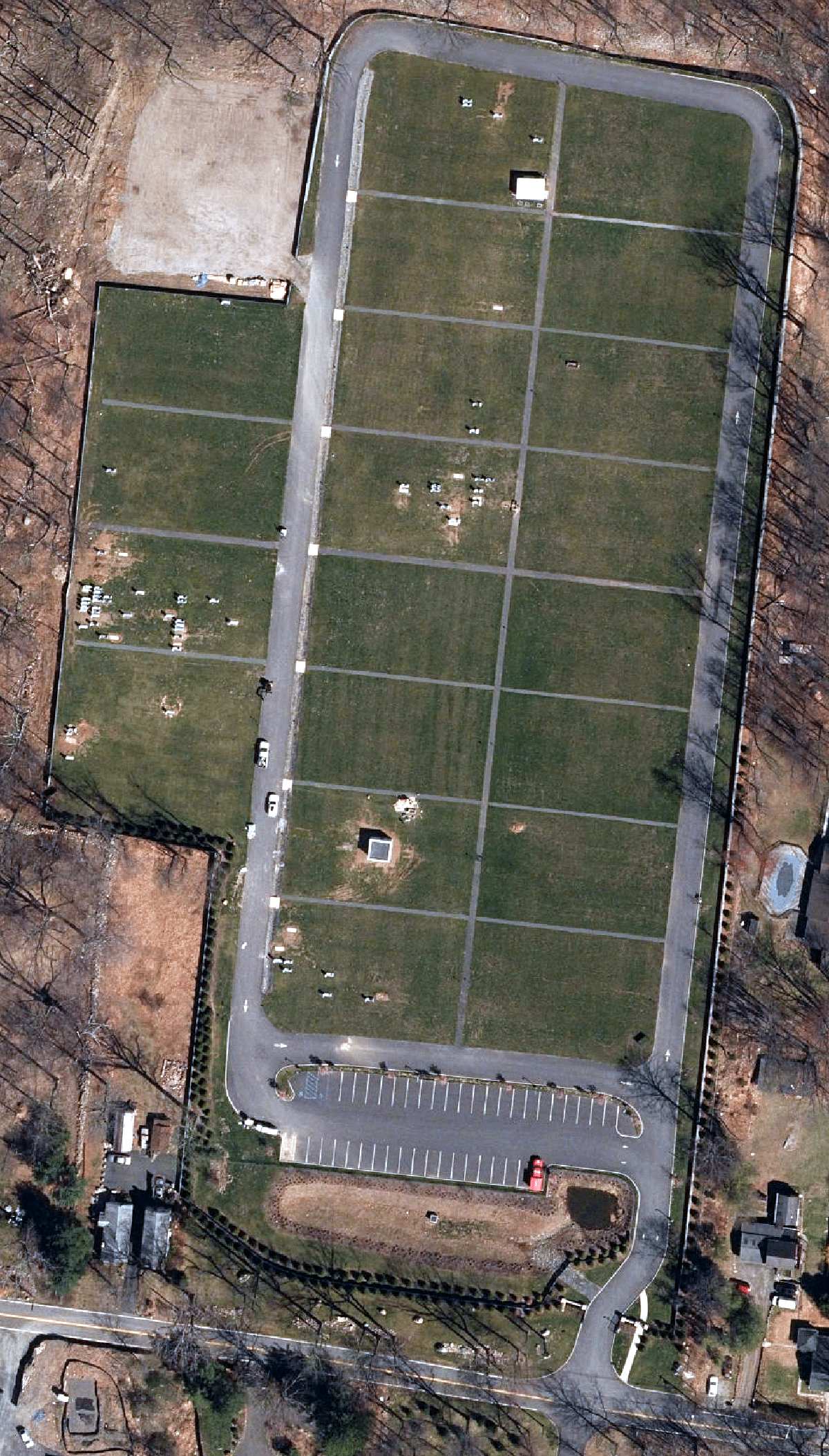 Aerial photo of Har Shalom Cemetery, north up, with Hillside Ave and the entrance at the bottom and sections 1 to 20 marked